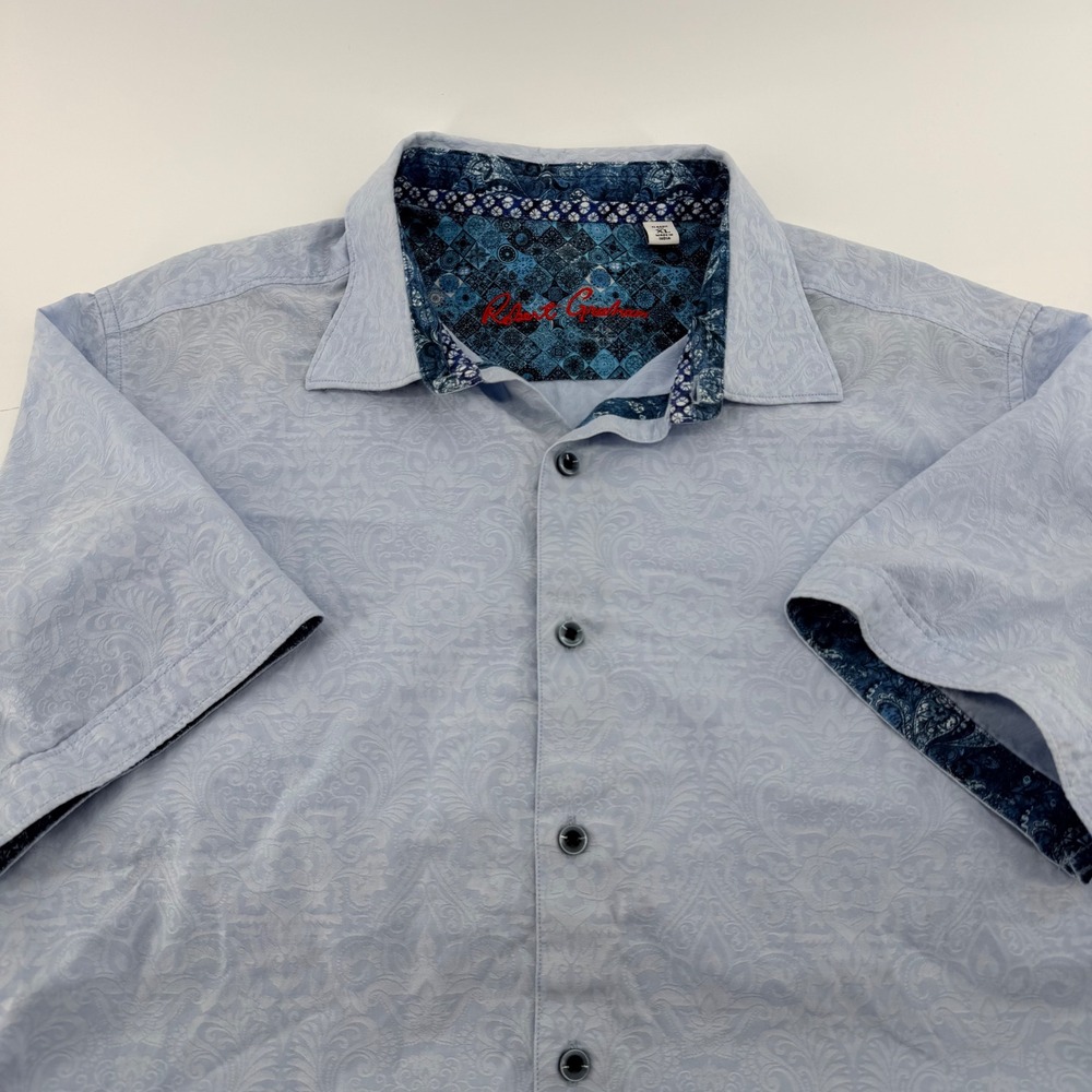Robert Graham Damask Jacquard Short Sleeve Button Down Shirt XL Light Blue